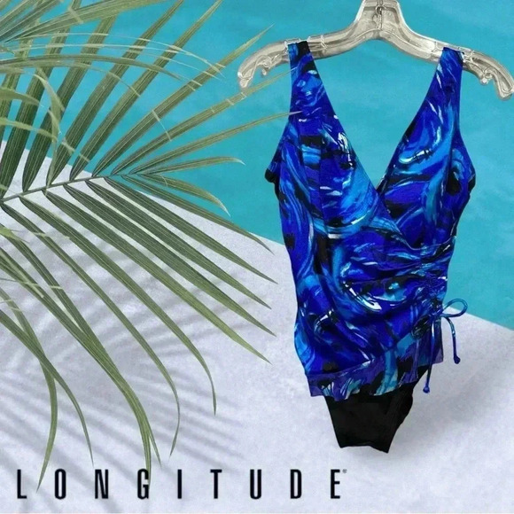 NWOT, Longitude, Ruffle Surplice Long  Torso One Piece Swimsuit, 8, Blue - Picture 1 of 12
